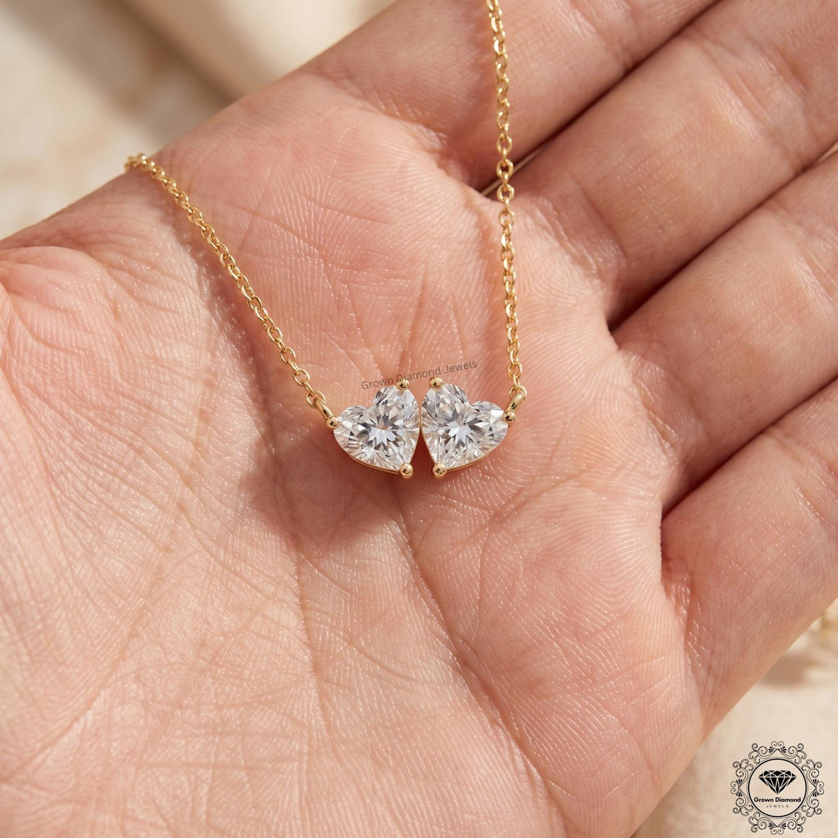 Heart Shaped Toi et Moi Necklace Lab Diamond Two Stone 14K - GrownDiamondJewels