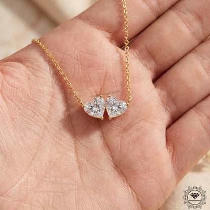 Heart Shaped Toi et Moi Necklace Lab Diamond Two Stone 14K - GrownDiamondJewels