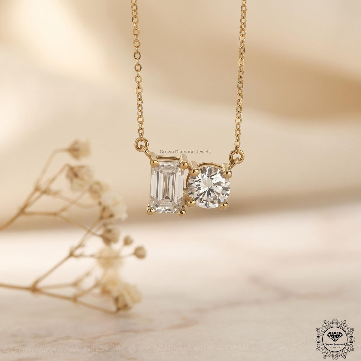 Round & Emerald Lab Grown Diamond Toi Et Moi Necklace 18K - GrownDiamondJewels
