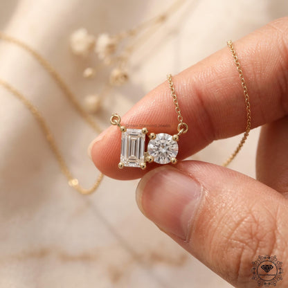 Round & Emerald Lab Grown Diamond Toi Et Moi Necklace 18K - GrownDiamondJewels