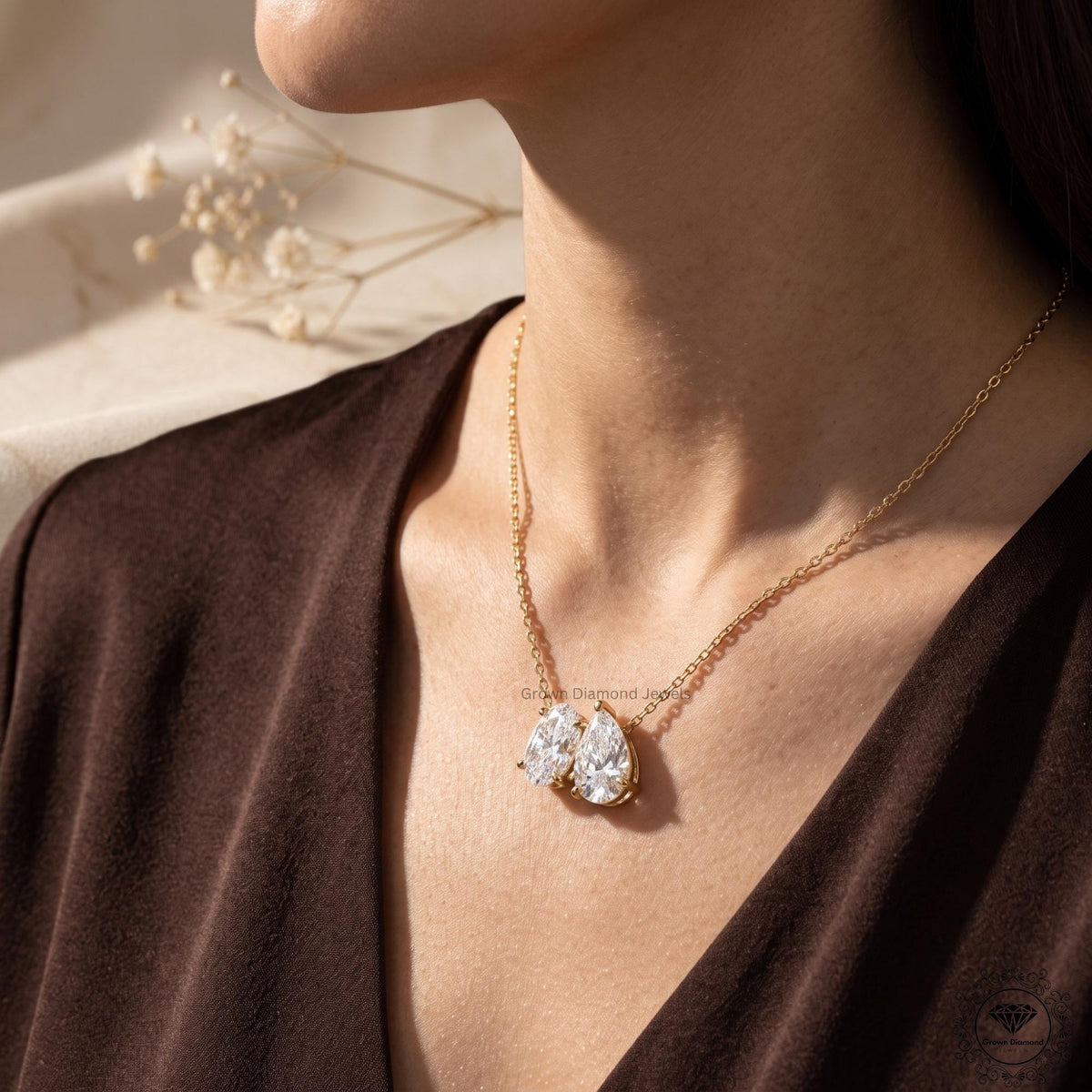 Toi Et Moi Oval & Pear Lab Grown Diamond Necklace 18K Gold - GrownDiamondJewels