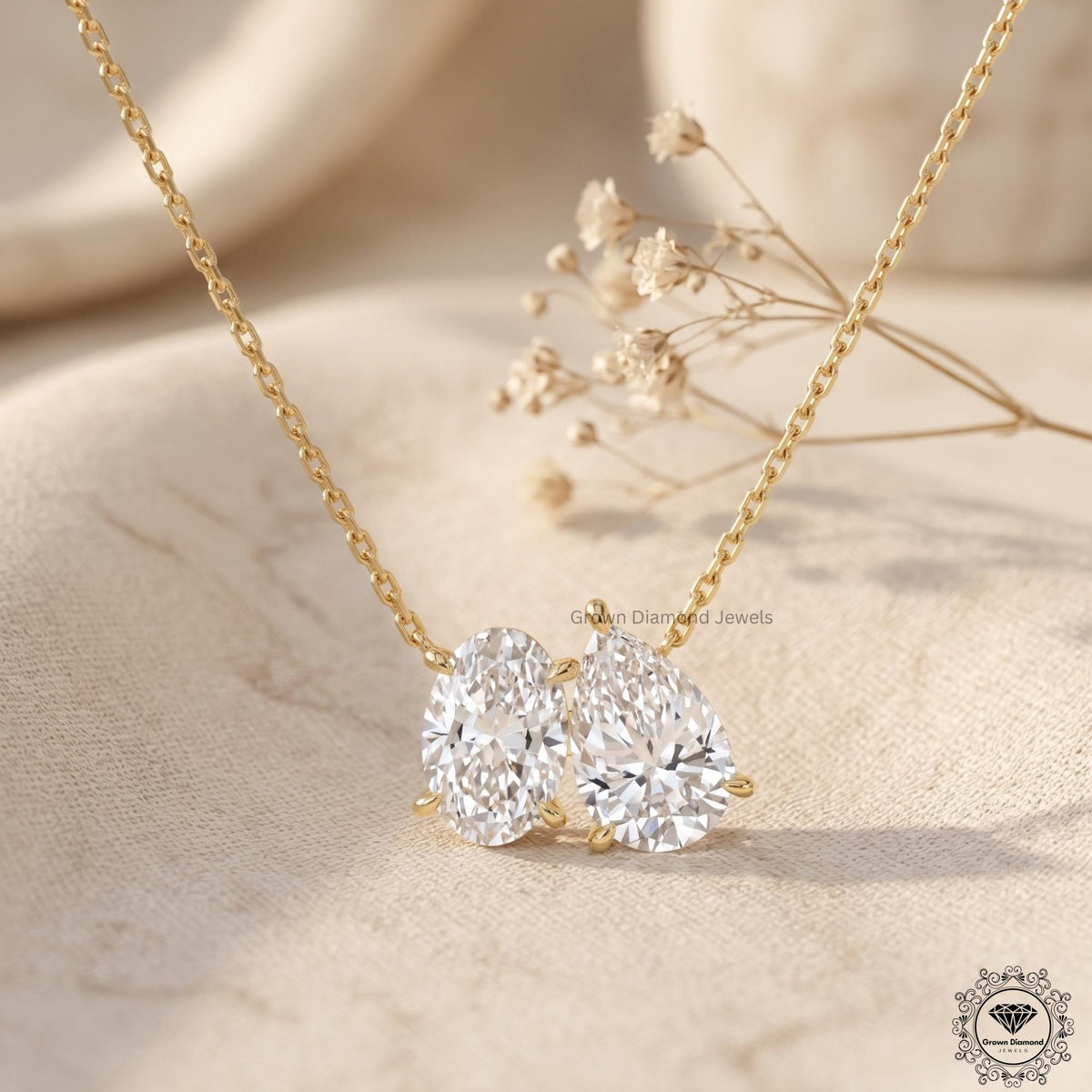 Toi Et Moi Oval & Pear Lab Grown Diamond Necklace 18K Gold - GrownDiamondJewels