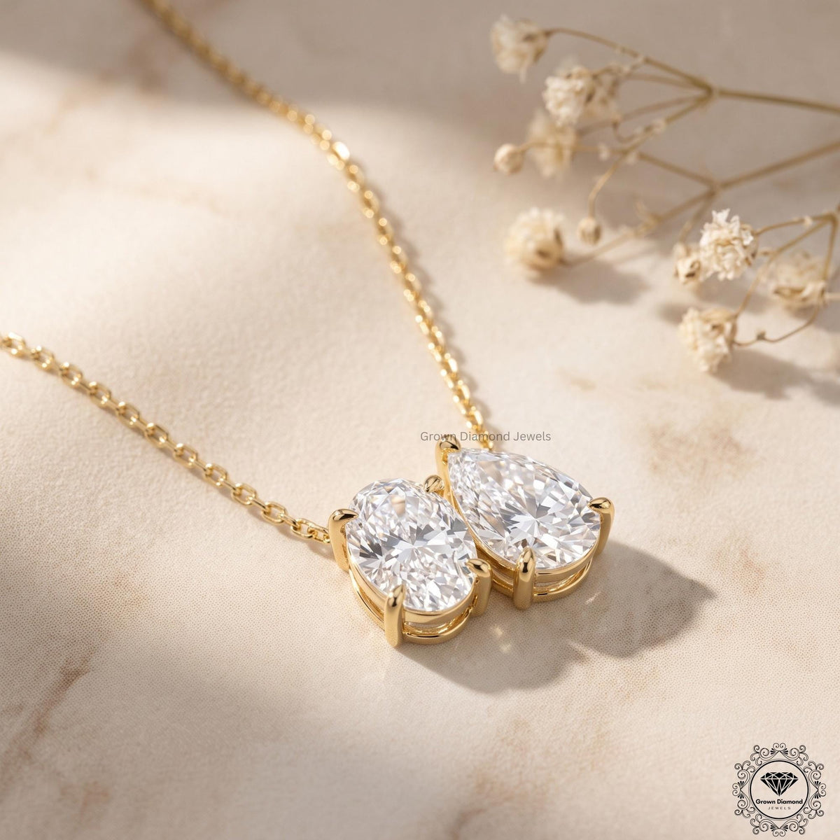 Toi Et Moi Oval & Pear Lab Grown Diamond Necklace 18K Gold - GrownDiamondJewels