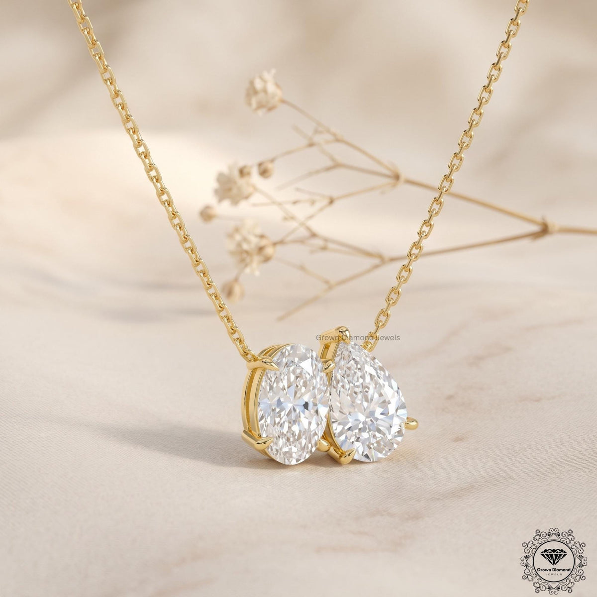 Toi Et Moi Oval & Pear Lab Grown Diamond Necklace 18K Gold - GrownDiamondJewels