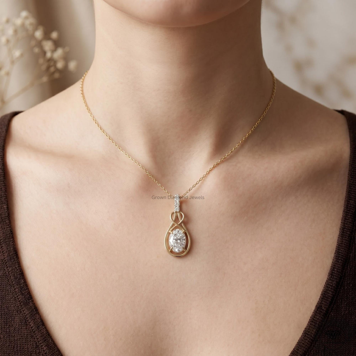Oval Lab Grown Diamond Infinity Knot Pendant Necklace 14K - GrownDiamondJewels