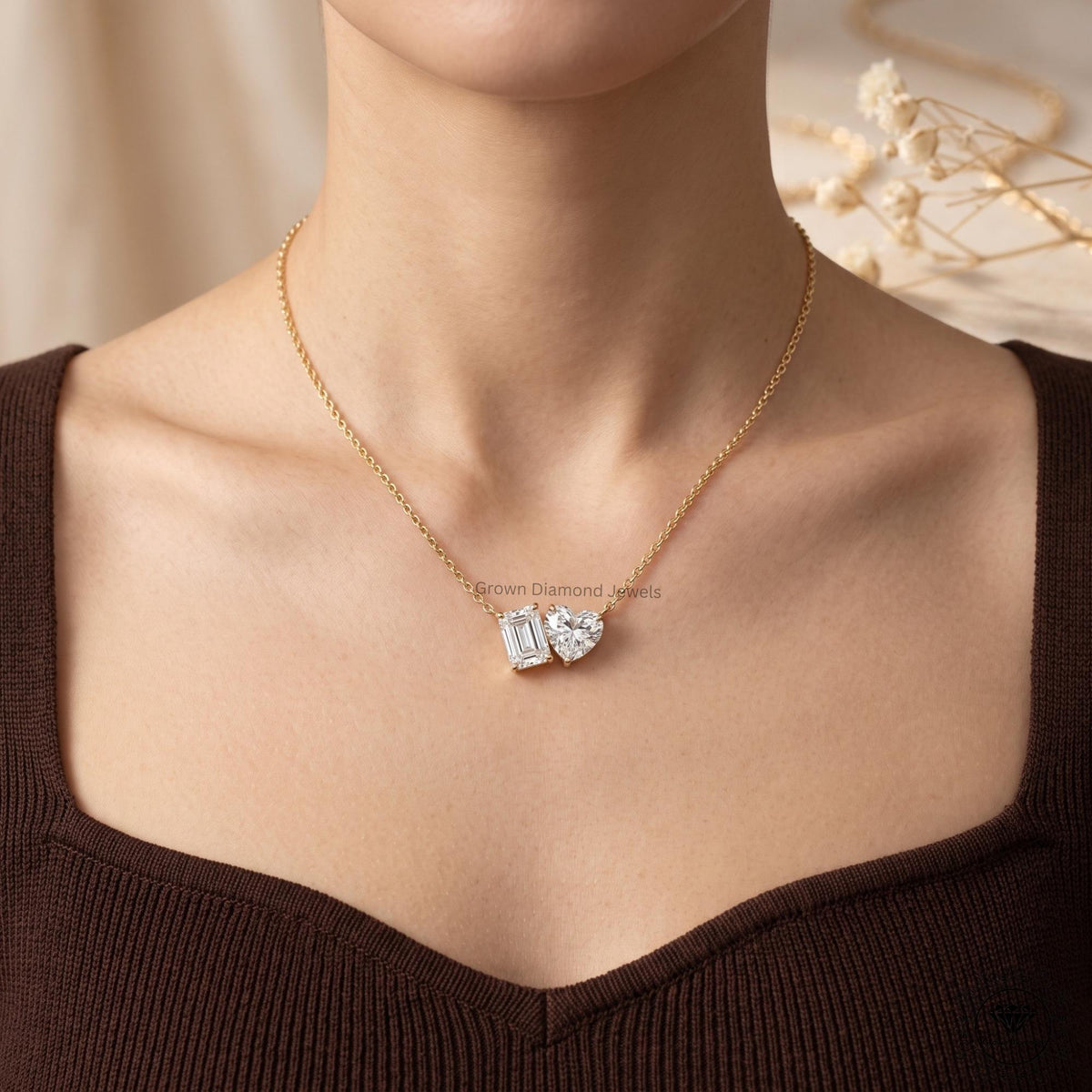 Heart & Emerald Lab Grown Diamond Toi Et Moi Necklace 18K - GrownDiamondJewels
