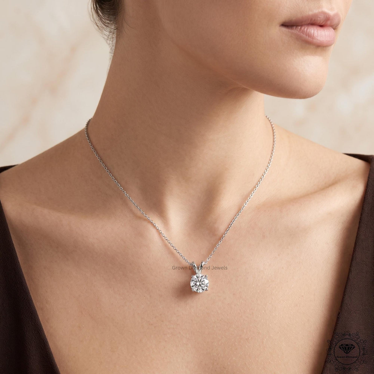Round Cut Lab Grown Diamond Solitaire Pendant 14K White Gold - GrownDiamondJewels