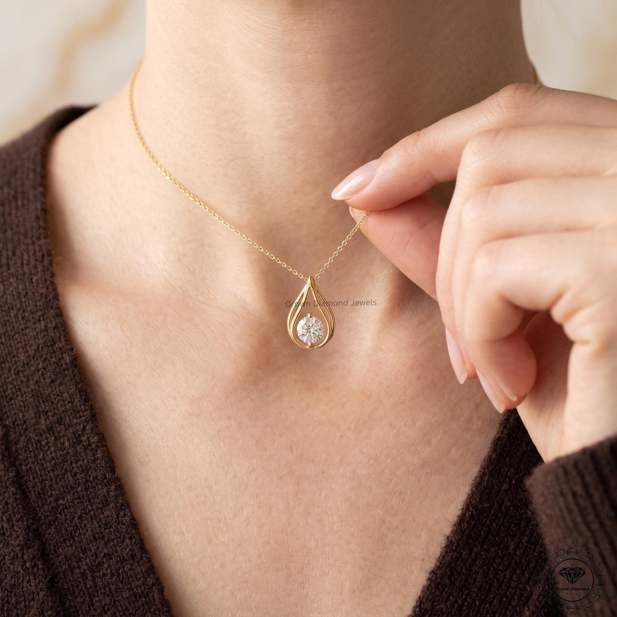 Round Lab Grown Diamond Teardrop Necklace 14K Gold Solitaire - GrownDiamondJewels