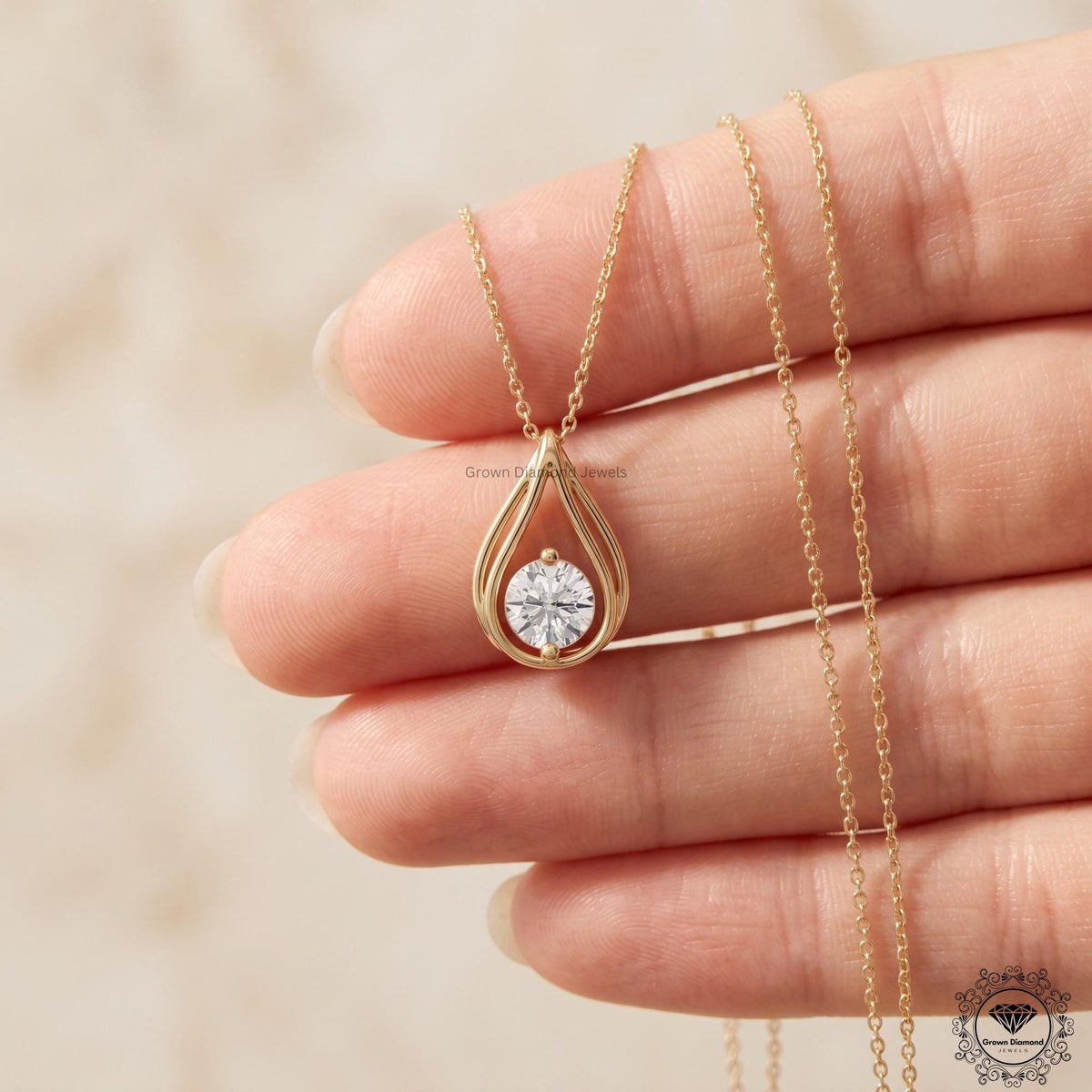 Round Lab Grown Diamond Teardrop Necklace 14K Gold Solitaire - GrownDiamondJewels