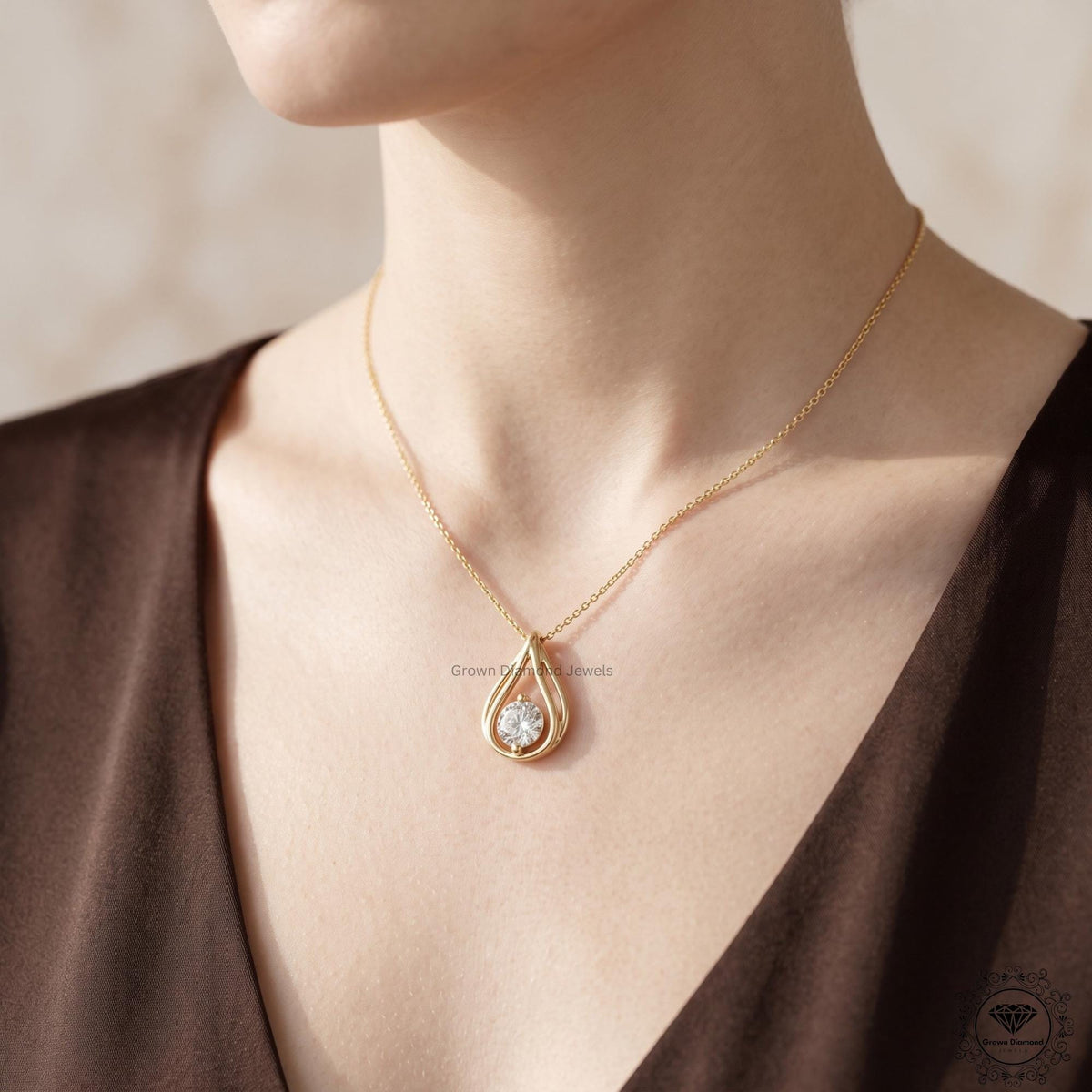 Round Lab Grown Diamond Teardrop Necklace 14K Gold Solitaire - GrownDiamondJewels