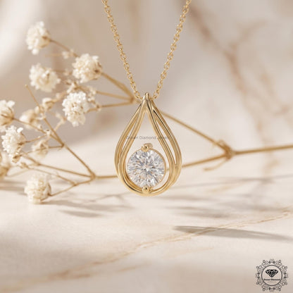 Round Lab Grown Diamond Teardrop Necklace 14K Gold Solitaire - GrownDiamondJewels