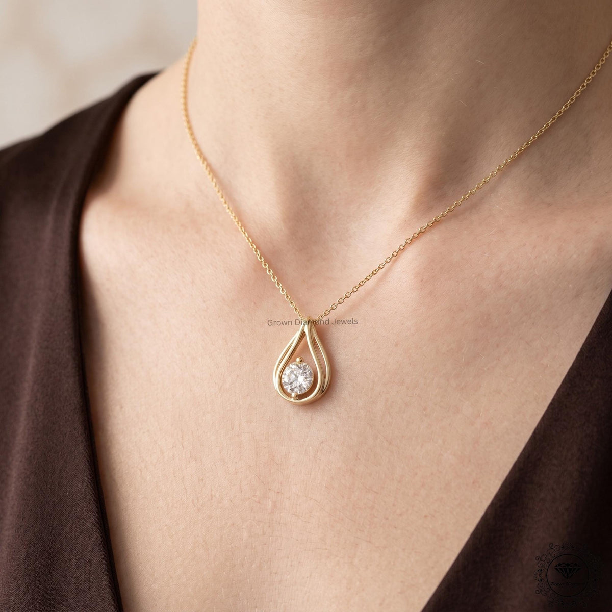 Round Lab Grown Diamond Teardrop Necklace 14K Gold Solitaire - GrownDiamondJewels