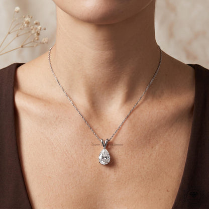 Pear Diamond Solitaire Pendant Necklace 14K White Gold - GrownDiamondJewels