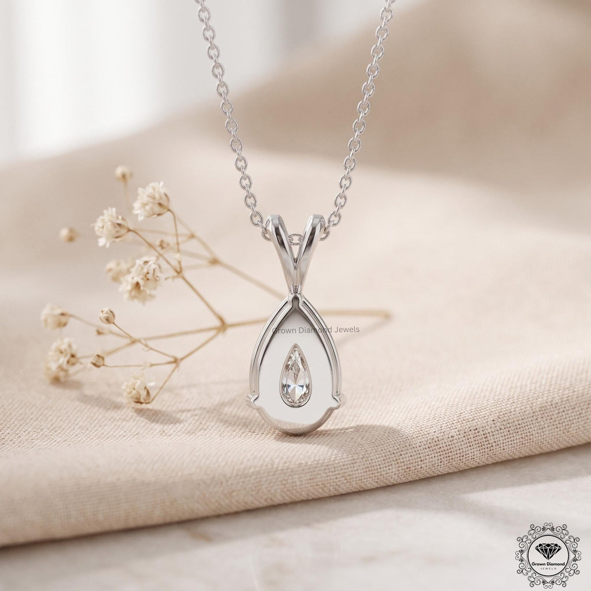 Pear Diamond Solitaire Pendant Necklace 14K White Gold - GrownDiamondJewels