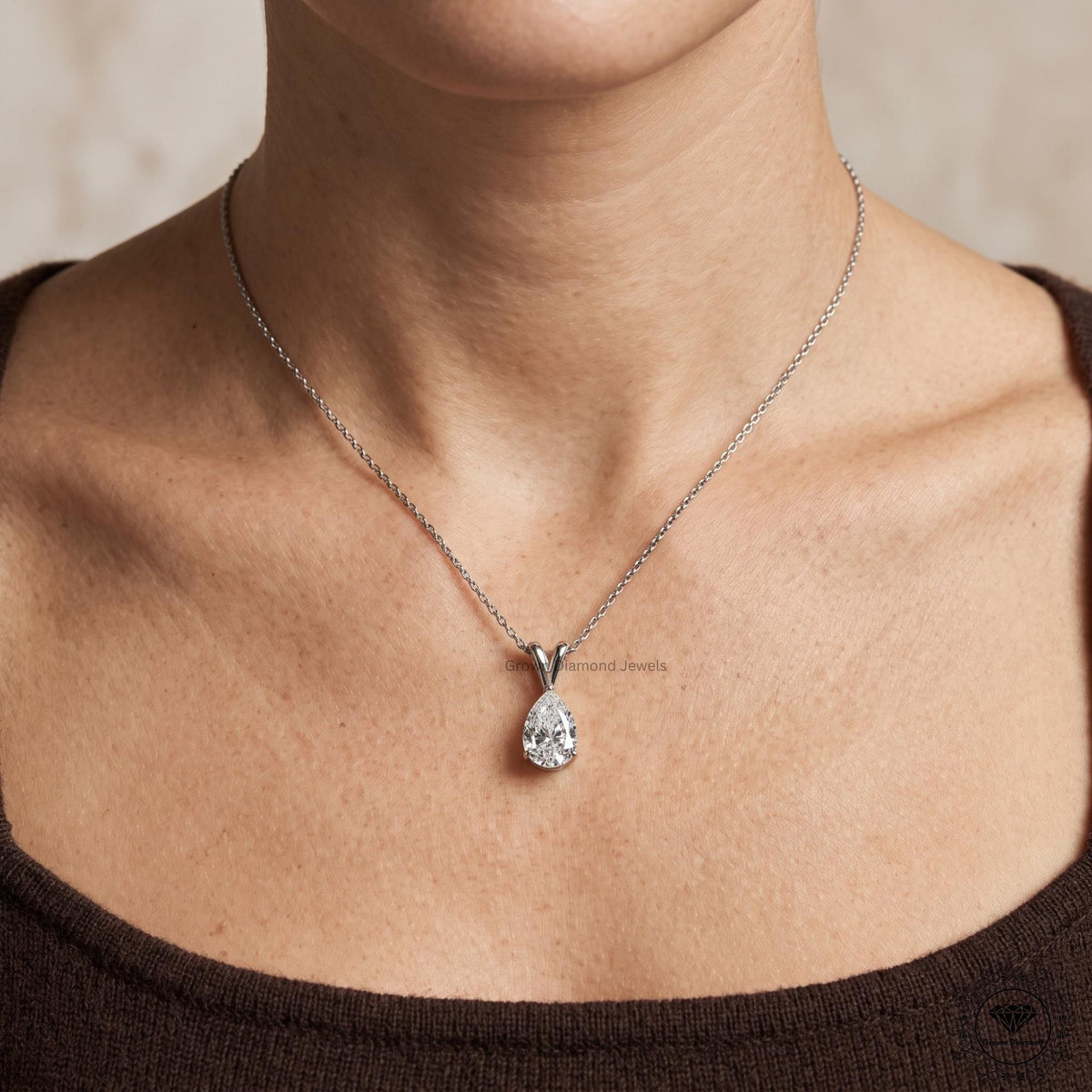 Pear Diamond Solitaire Pendant Necklace 14K White Gold - GrownDiamondJewels