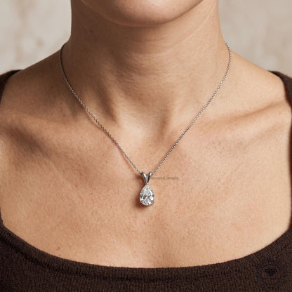 Pear Diamond Solitaire Pendant Necklace 14K White Gold - GrownDiamondJewels