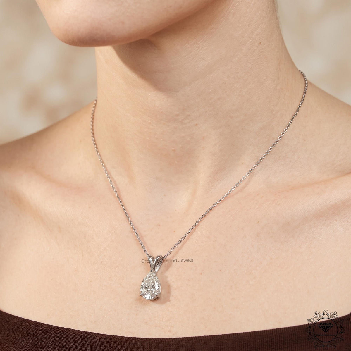 Pear Diamond Solitaire Pendant Necklace 14K White Gold - GrownDiamondJewels