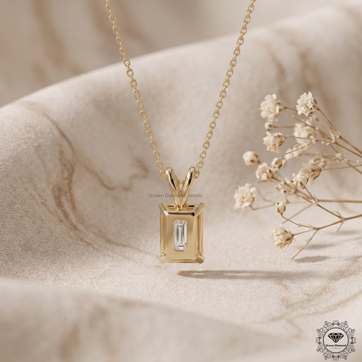 Lab Grown Emerald Diamond Pendant Necklace 18K Gold Dainty - GrownDiamondJewels