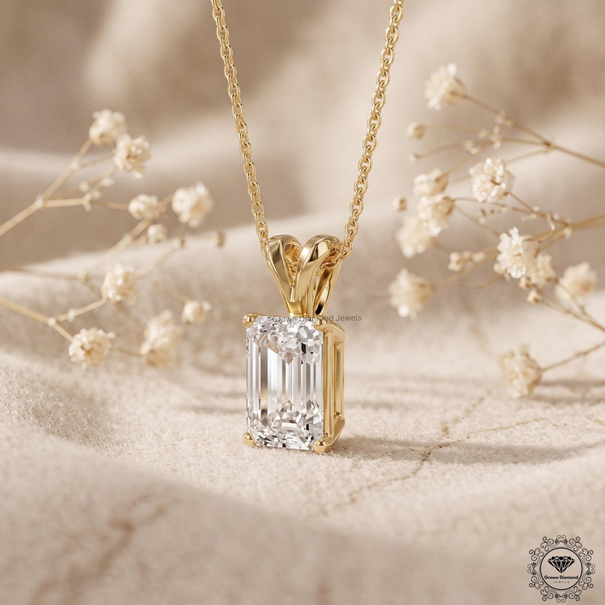 Lab Grown Emerald Diamond Pendant Necklace 18K Gold Dainty - GrownDiamondJewels