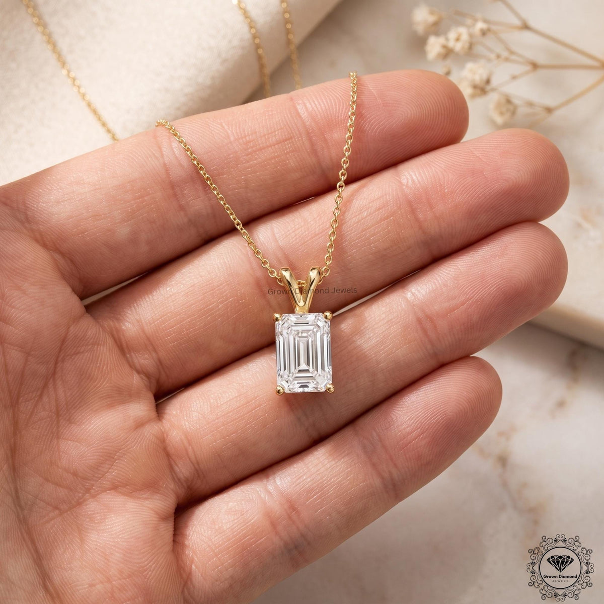 Lab Grown Emerald Diamond Pendant Necklace 18K Gold Dainty - GrownDiamondJewels