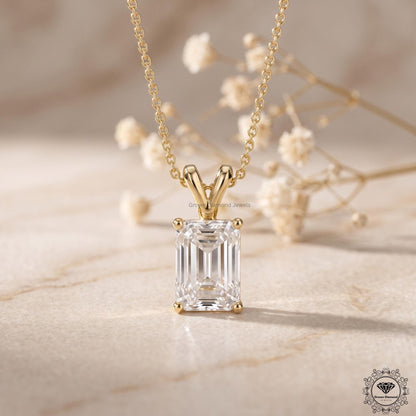 Lab Grown Emerald Diamond Pendant Necklace 18K Gold Dainty - GrownDiamondJewels