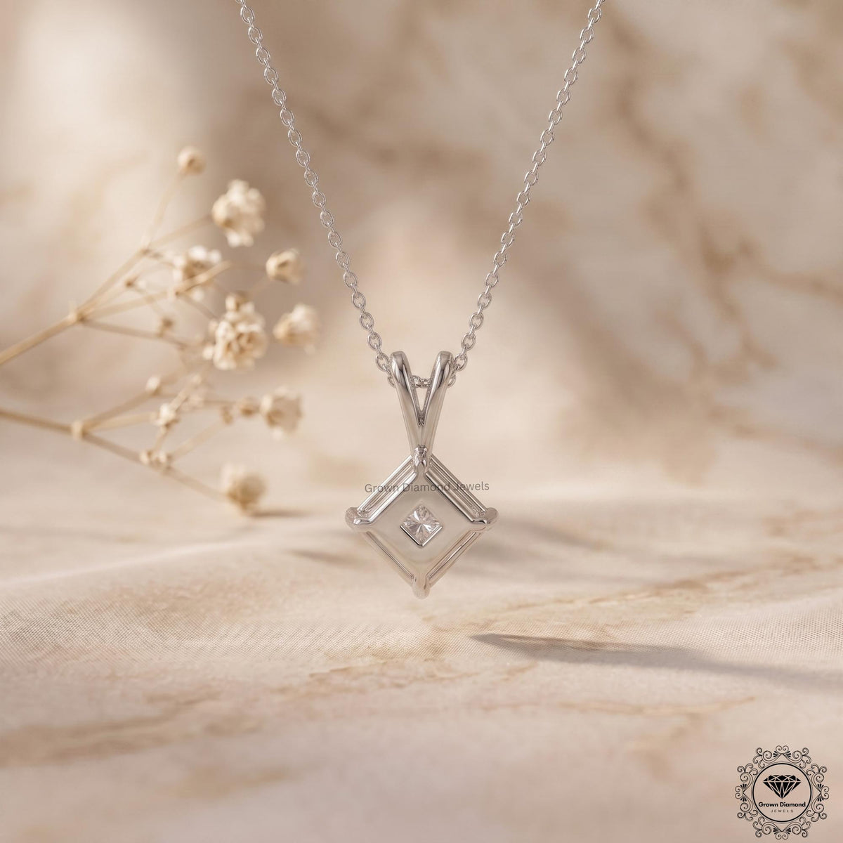 Lab Grown Princess Diamond Solitaire Necklace 18K White Gold - GrownDiamondJewels
