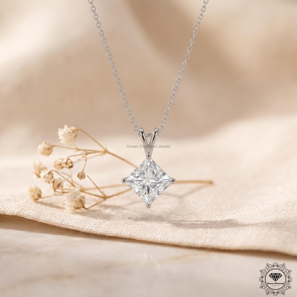 Lab Grown Princess Diamond Solitaire Necklace 18K White Gold - GrownDiamondJewels