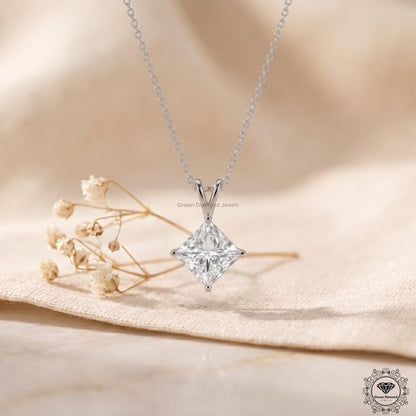 Lab Grown Princess Diamond Solitaire Necklace 18K White Gold - GrownDiamondJewels