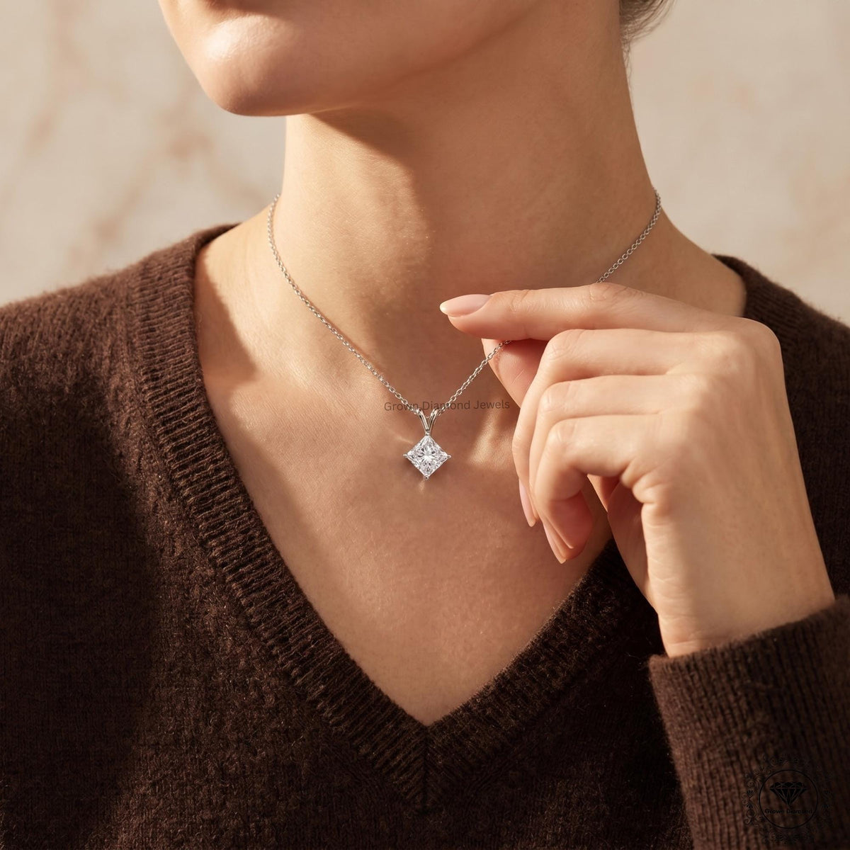 Lab Grown Princess Diamond Solitaire Necklace 18K White Gold - GrownDiamondJewels