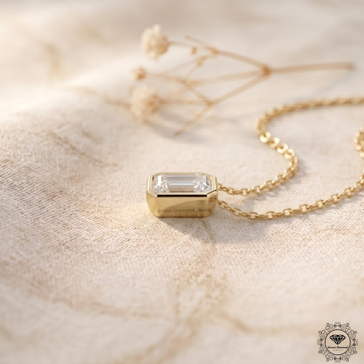 Emerald Diamond Bezel Set Pendant Lab Grown East West - GrownDiamondJewels