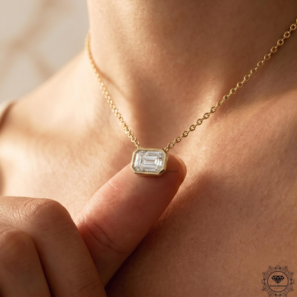 Emerald Diamond Bezel Set Pendant Lab Grown East West - GrownDiamondJewels