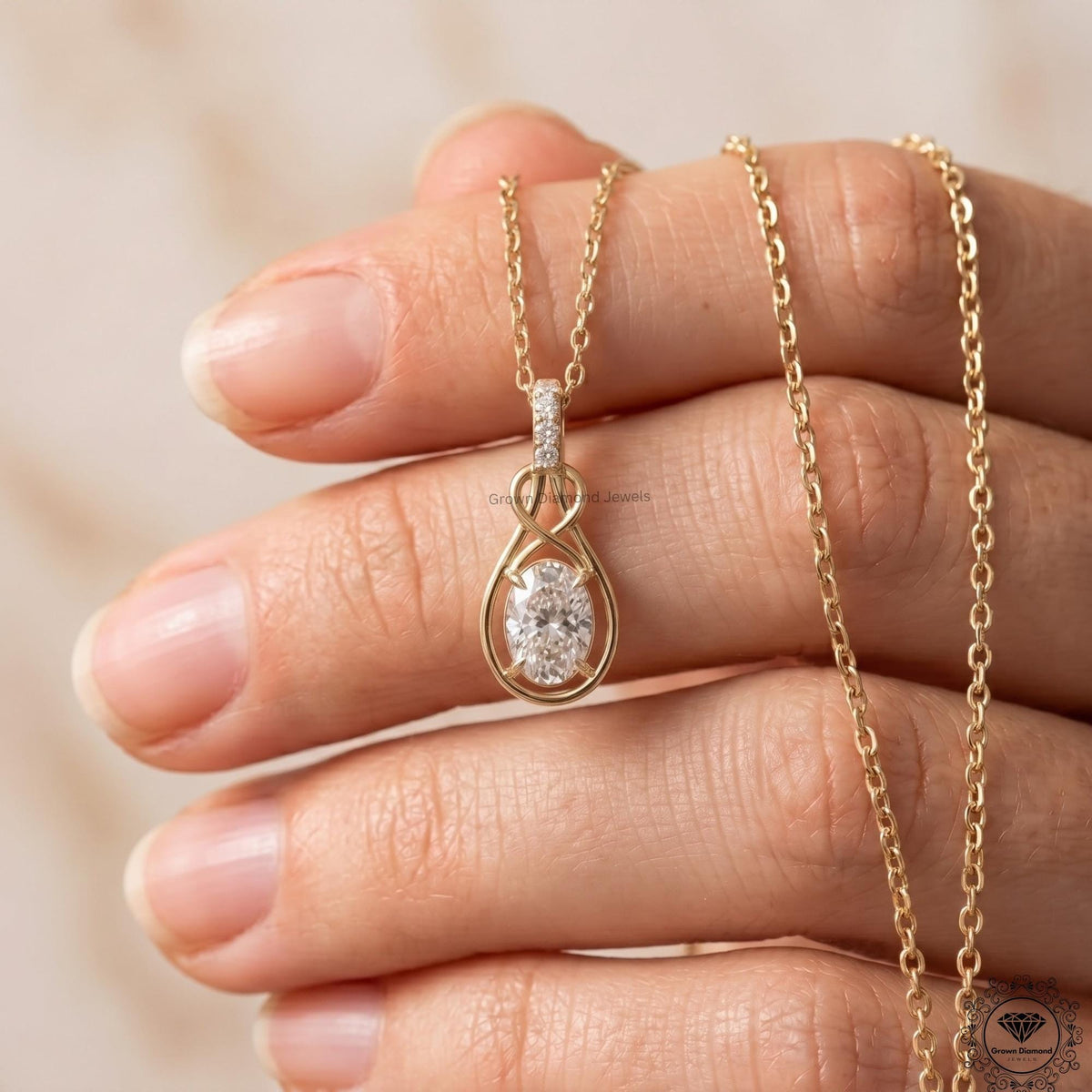 Oval Lab Grown Diamond Infinity Knot Pendant Necklace 14K - GrownDiamondJewels