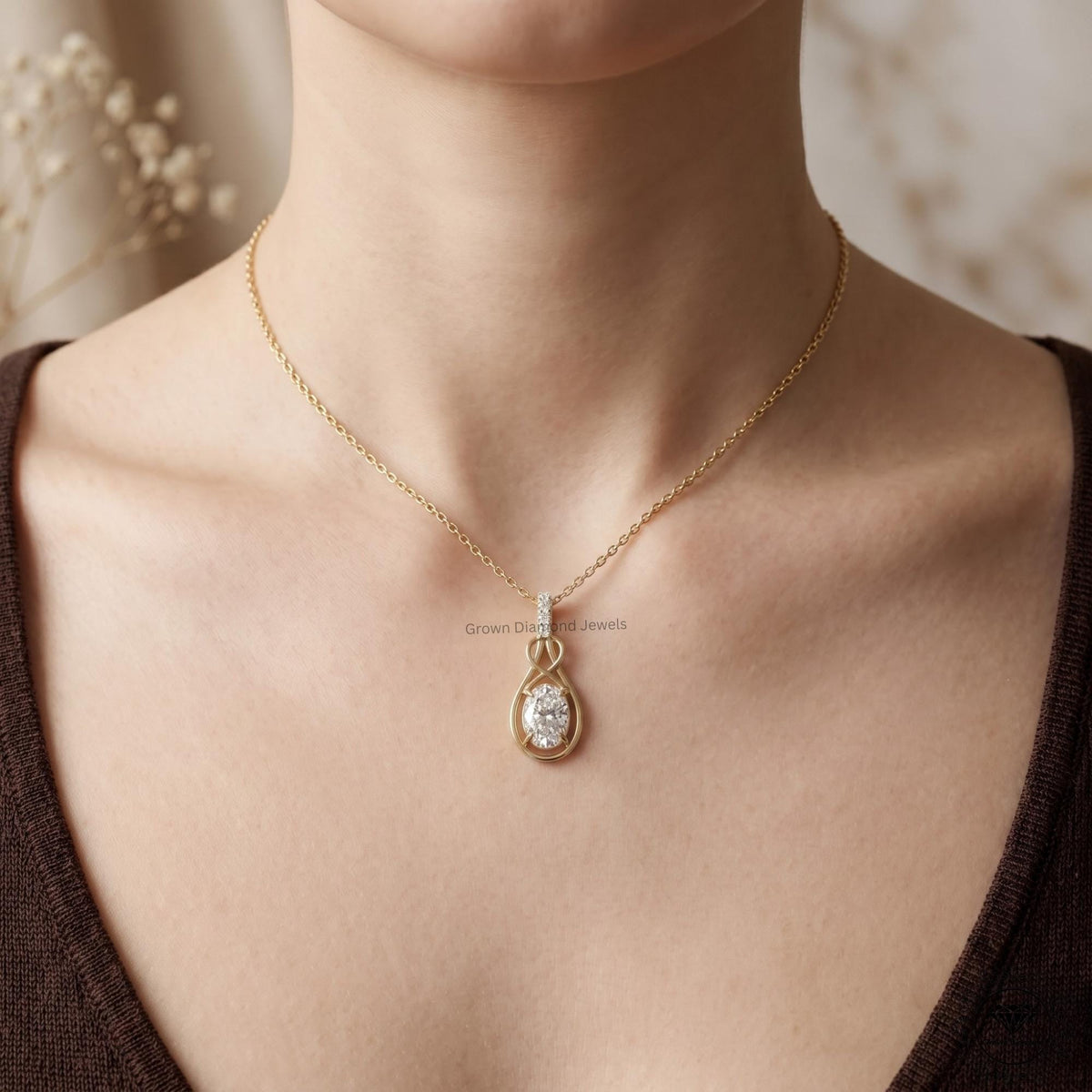 Oval Lab Grown Diamond Infinity Knot Pendant Necklace 14K - GrownDiamondJewels