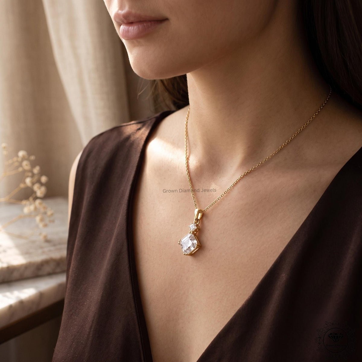 Asscher & Princess Lab Grown Diamond Two Stone Pendant - GrownDiamondJewels