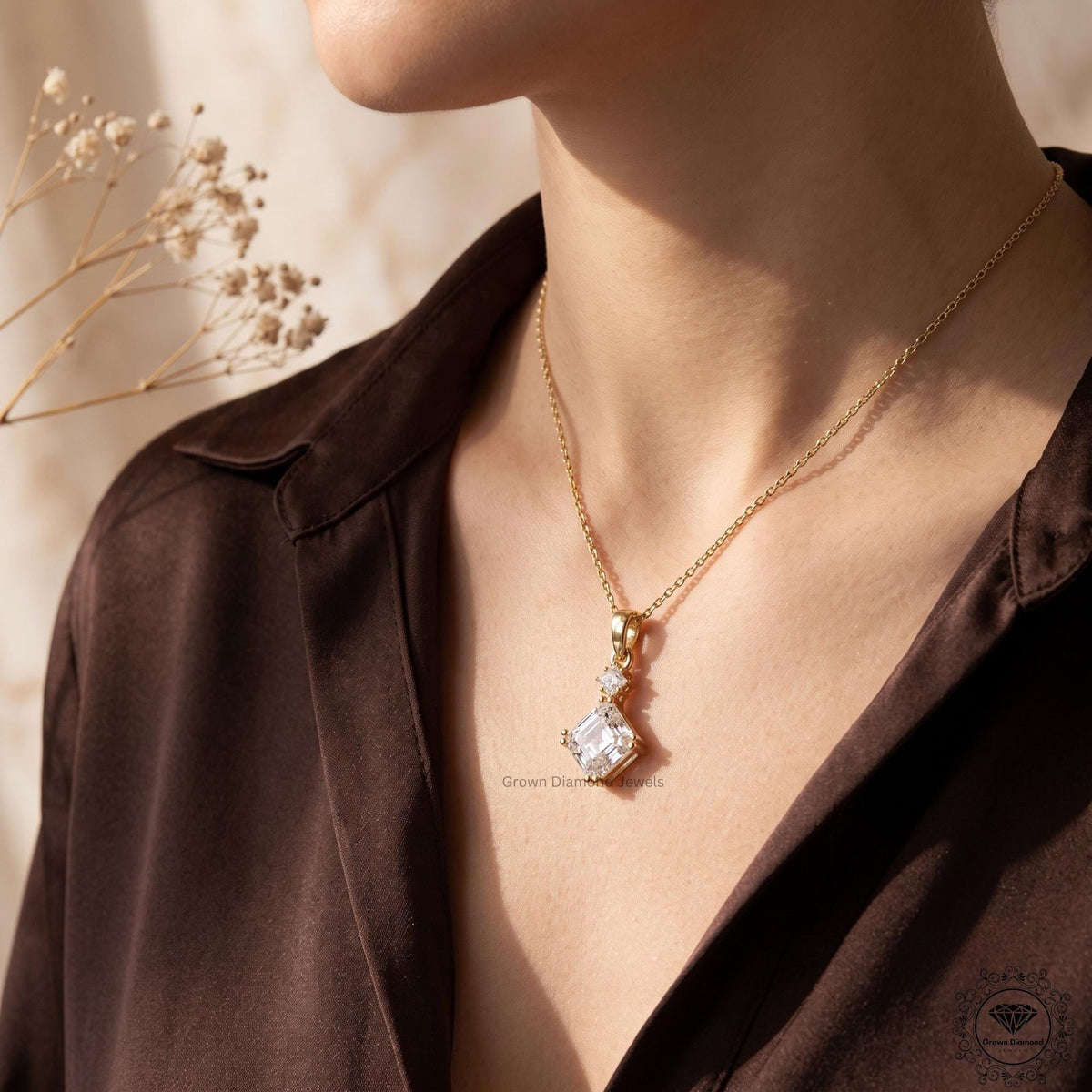Asscher & Princess Lab Grown Diamond Two Stone Pendant - GrownDiamondJewels
