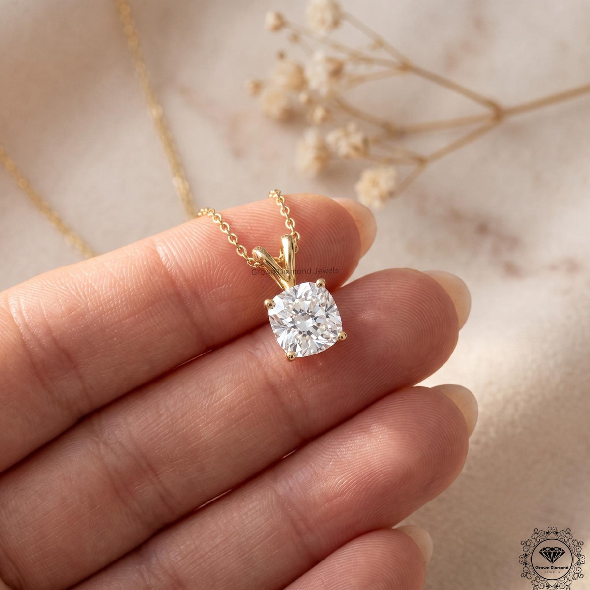 Cushion Cut Lab Grown Diamond Solitaire Pendant Necklace - GrownDiamondJewels