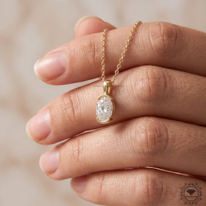 Lab Grown Oval Diamond Tension Set Pendant Necklace 14K Gold - GrownDiamondJewels