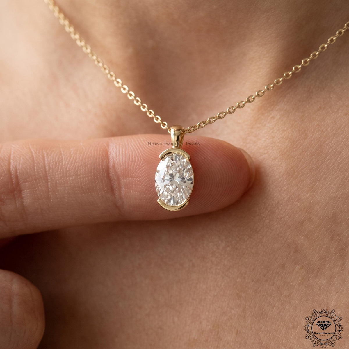 Lab Grown Oval Diamond Tension Set Pendant Necklace 14K Gold - GrownDiamondJewels