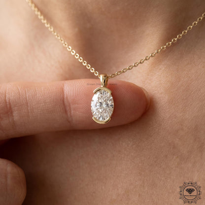 Lab Grown Oval Diamond Tension Set Pendant Necklace 14K Gold - GrownDiamondJewels