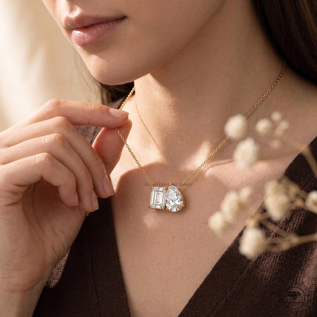 Emerald & Pear Lab Grown Diamond Toi Et Moi Necklace 10K - GrownDiamondJewels