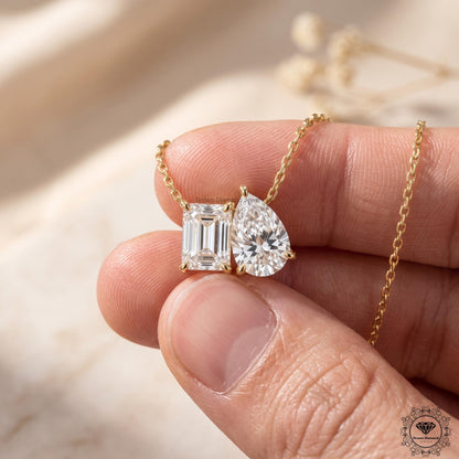 Emerald & Pear Lab Grown Diamond Toi Et Moi Necklace 10K - GrownDiamondJewels