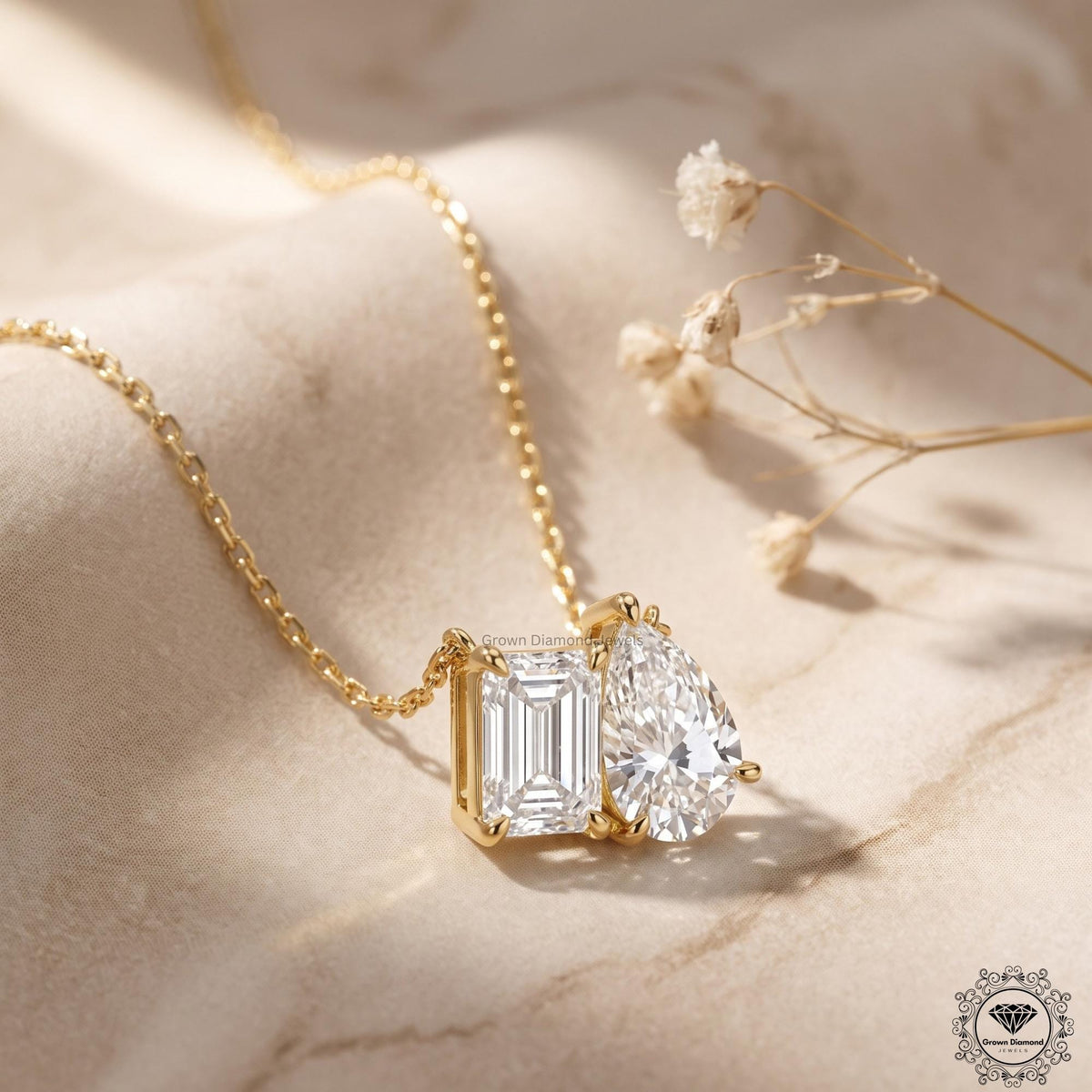 Emerald & Pear Lab Grown Diamond Toi Et Moi Necklace 10K - GrownDiamondJewels