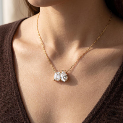 Emerald & Pear Lab Grown Diamond Toi Et Moi Necklace 10K - GrownDiamondJewels