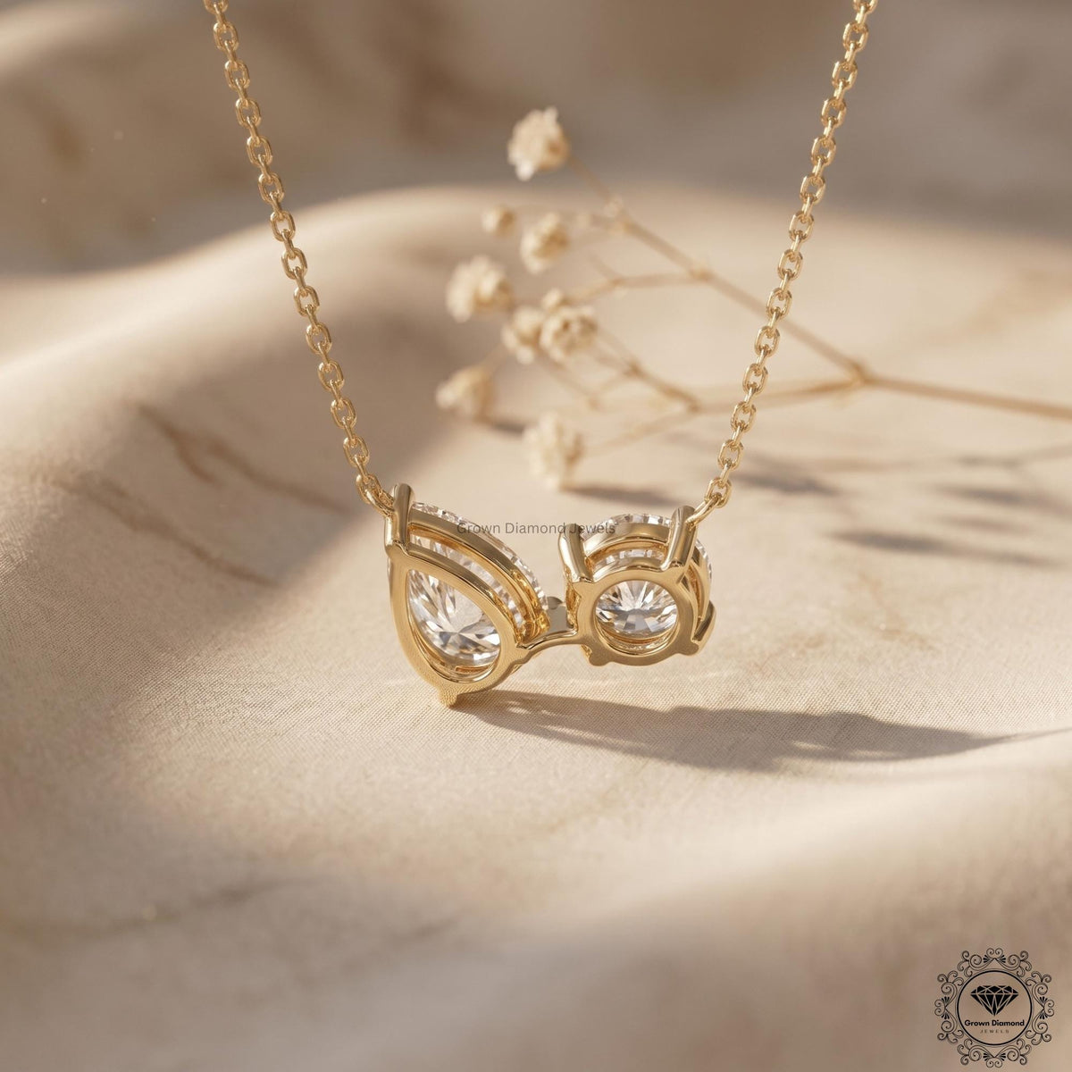 14K Gold Toi et Moi Necklace Round & Pear Lab Grown Diamond - GrownDiamondJewels