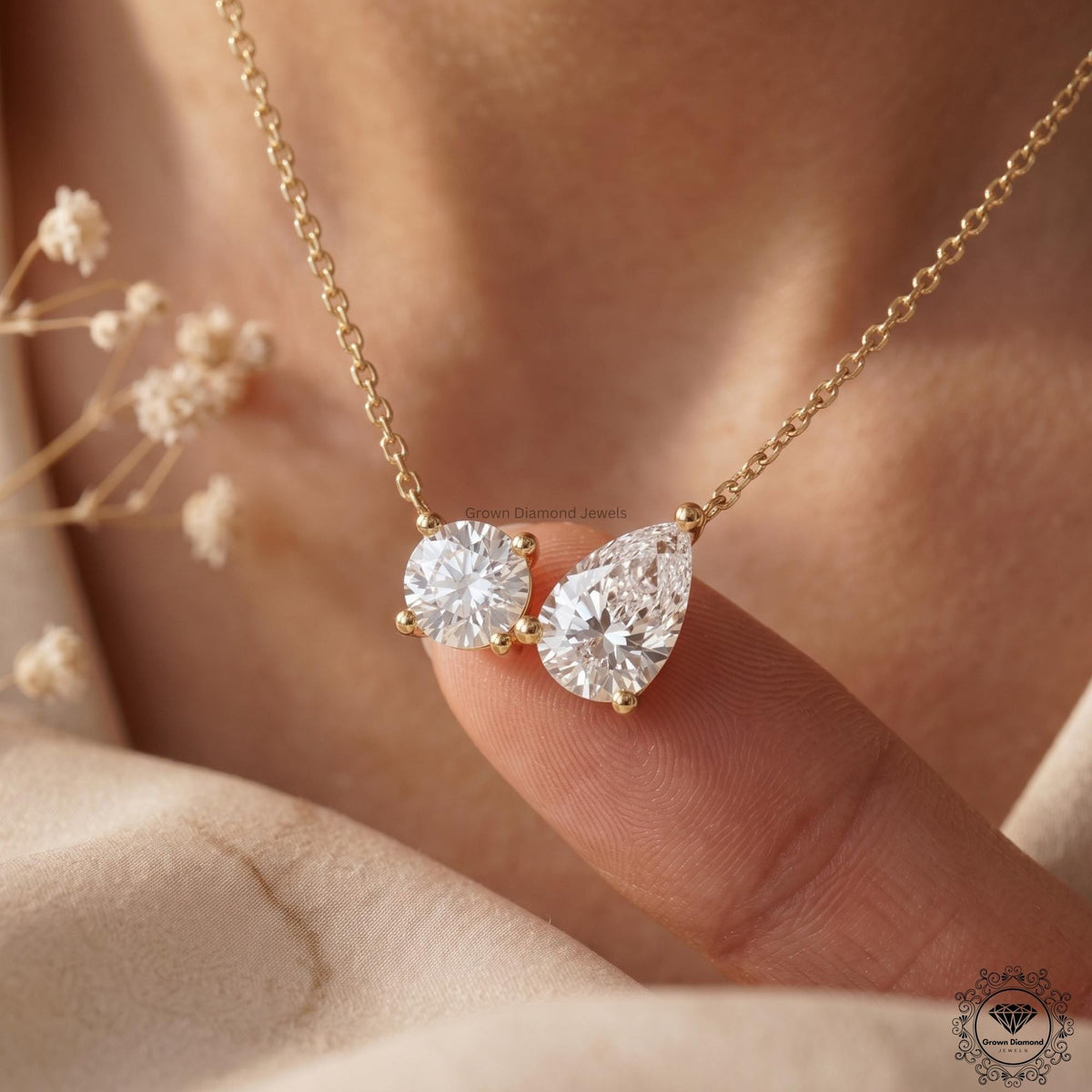 14K Gold Toi et Moi Necklace Round & Pear Lab Grown Diamond - GrownDiamondJewels