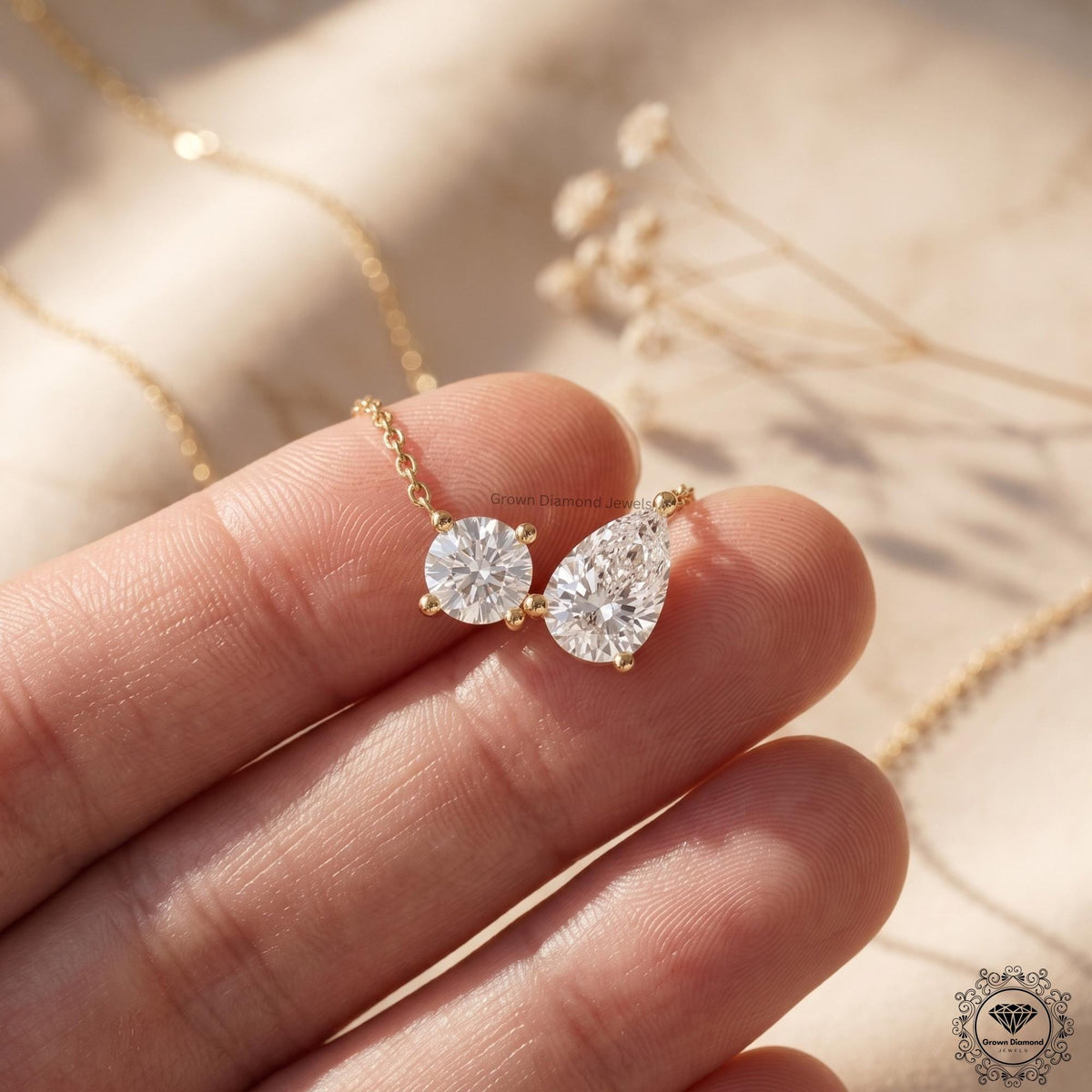14K Gold Toi et Moi Necklace Round & Pear Lab Grown Diamond - GrownDiamondJewels