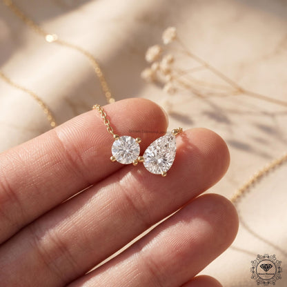 14K Gold Toi et Moi Necklace Round & Pear Lab Grown Diamond - GrownDiamondJewels