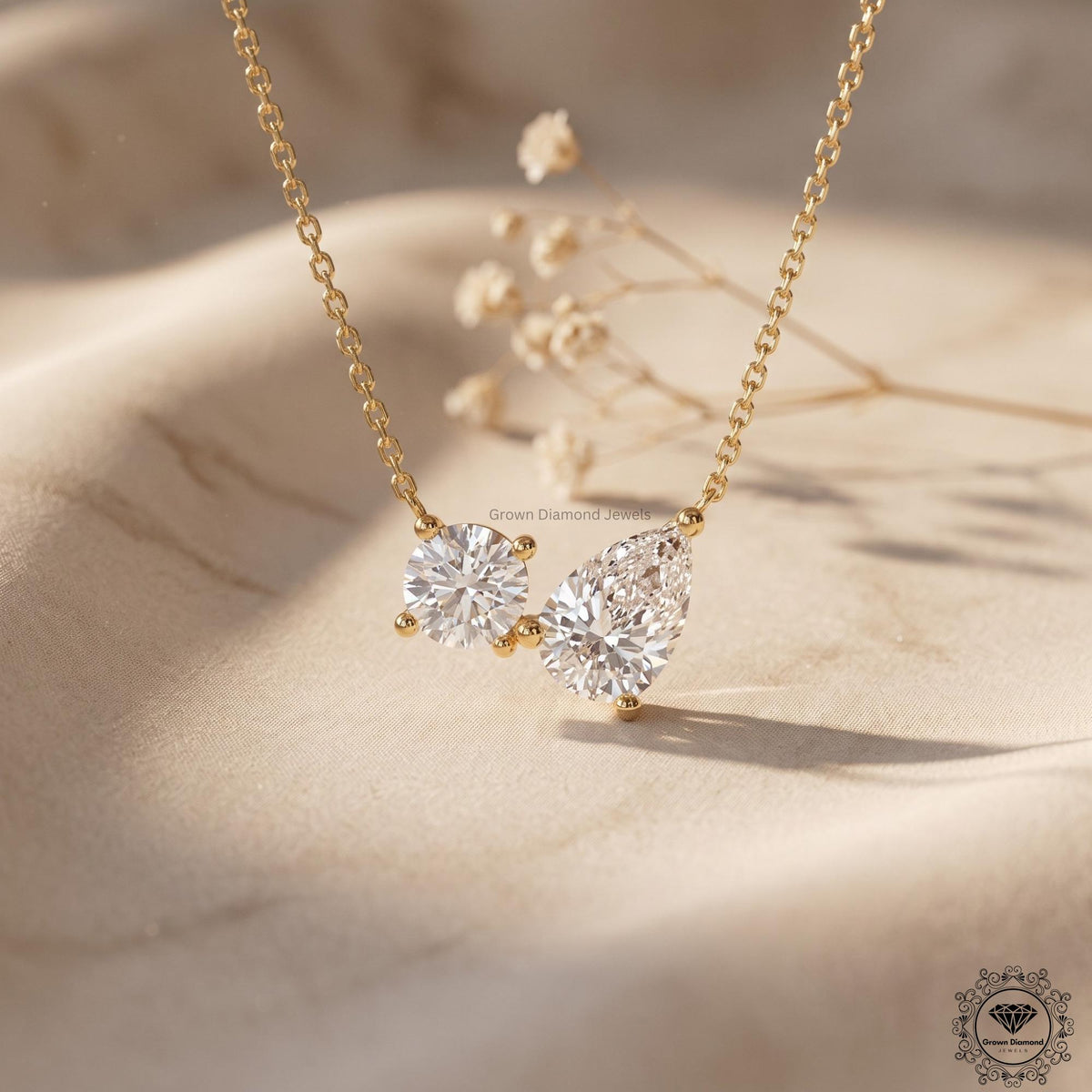 14K Gold Toi et Moi Necklace Round & Pear Lab Grown Diamond - GrownDiamondJewels