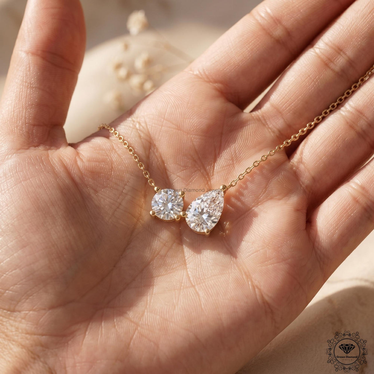 14K Gold Toi et Moi Necklace Round & Pear Lab Grown Diamond - GrownDiamondJewels