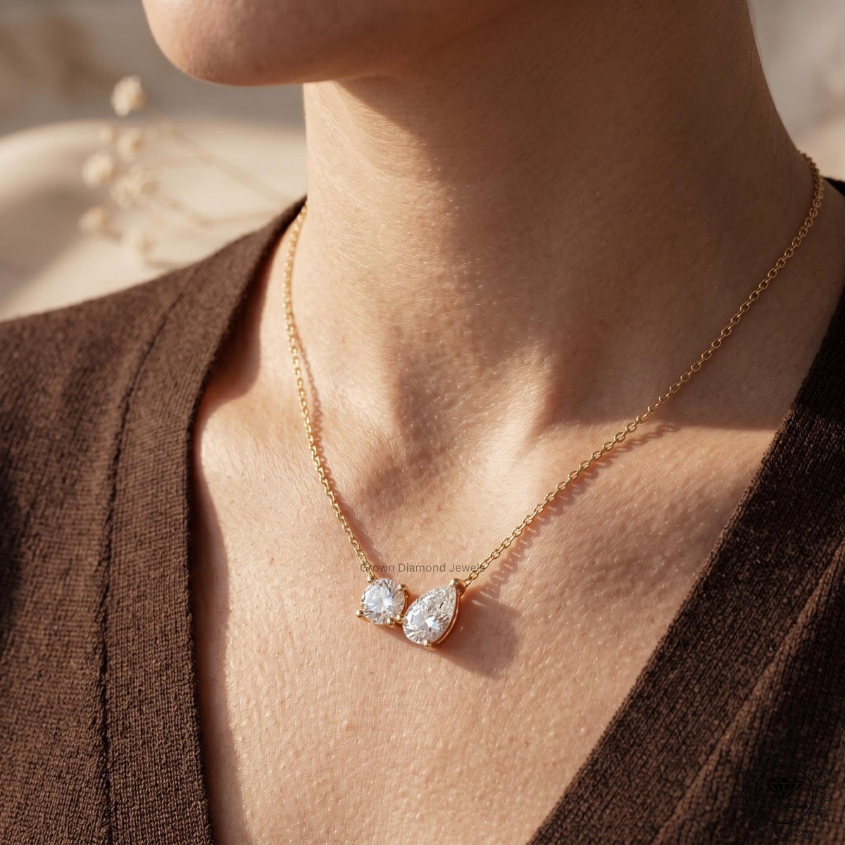 14K Gold Toi et Moi Necklace Round & Pear Lab Grown Diamond - GrownDiamondJewels